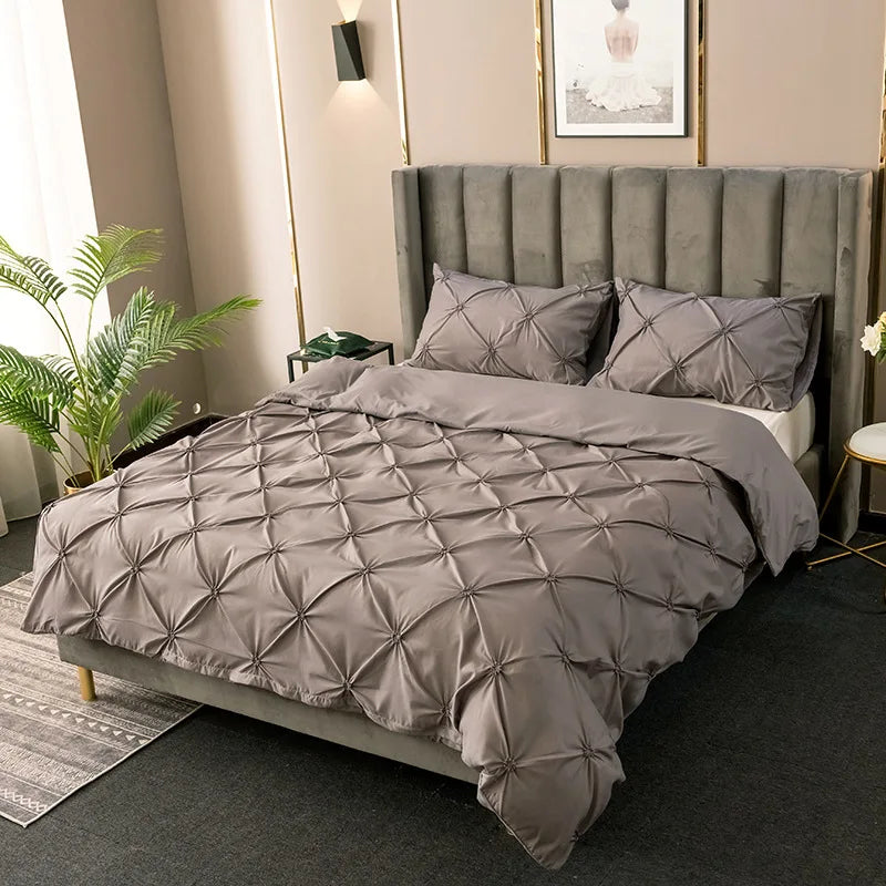 3D Pinch Pleated Duvet Cover Set Solid Durable Bedding - Brass Living