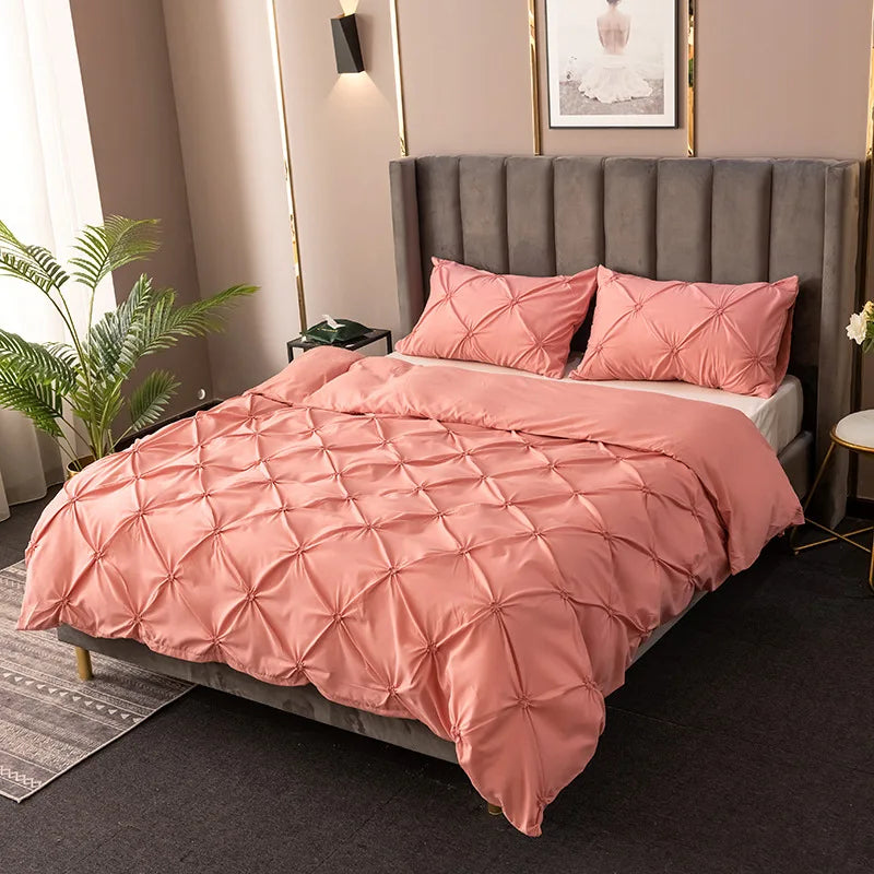 3D Pinch Pleated Duvet Cover Set Solid Durable Bedding - Brass Living