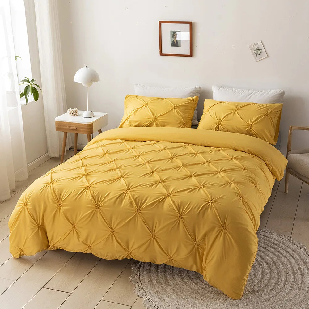 3D Pinch Pleated Duvet Cover Set Solid Durable Bedding - Brass Living