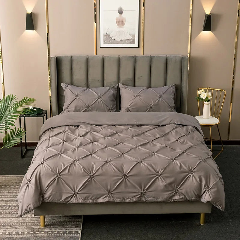 3D Pinch Pleated Duvet Cover Set Solid Durable Bedding - Brass Living