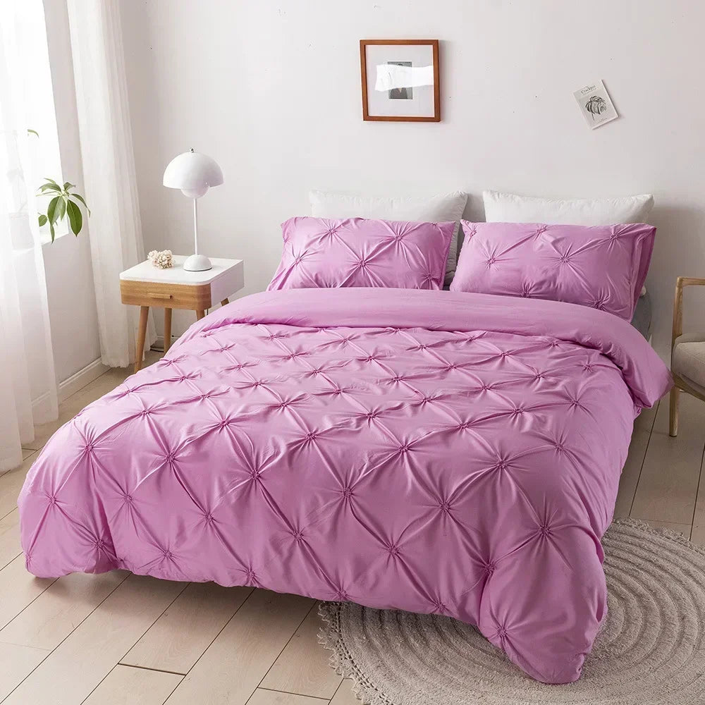 3D Pinch Pleated Duvet Cover Set Solid Durable Bedding - Brass Living
