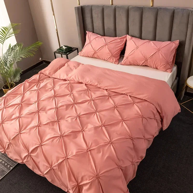 3D Pinch Pleated Duvet Cover Set Solid Durable Bedding - Brass Living