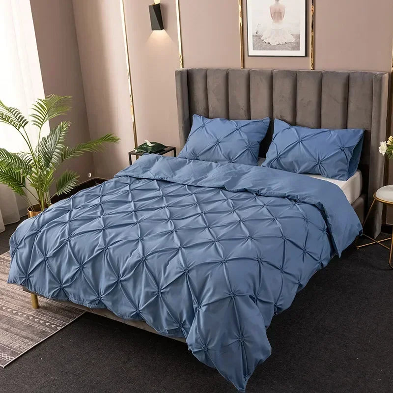 3D Pinch Pleated Duvet Cover Set Solid Durable Bedding - Brass Living