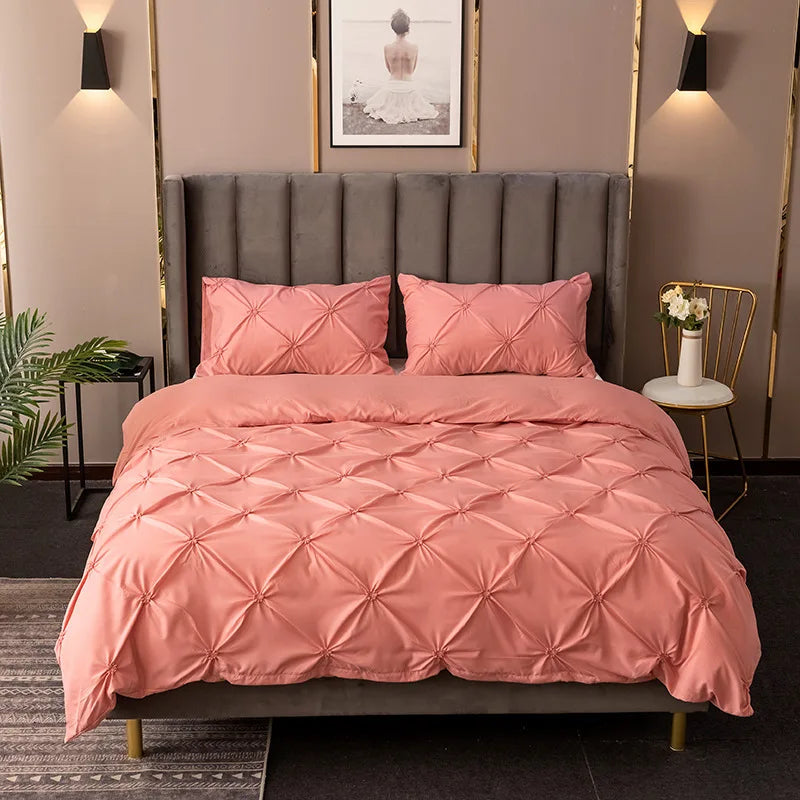 3D Pinch Pleated Duvet Cover Set Solid Durable Bedding - Brass Living