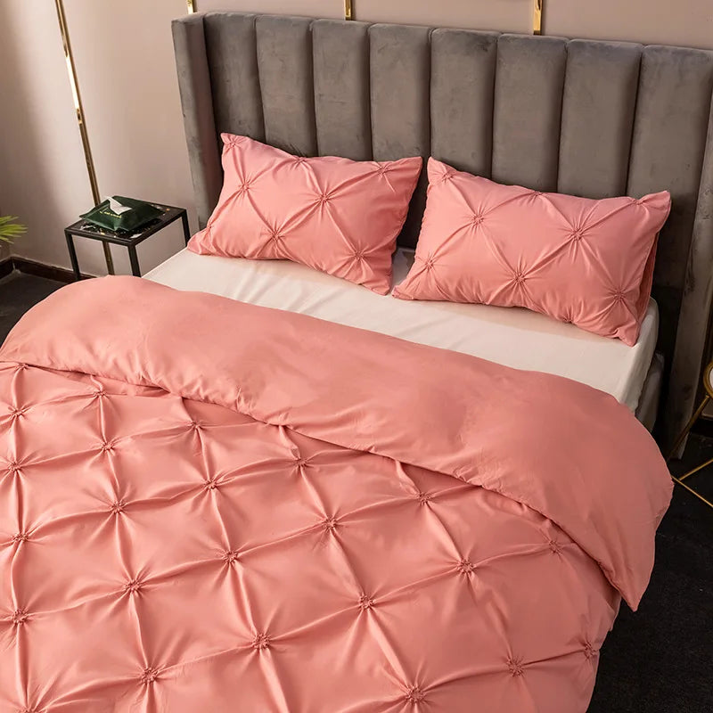 3D Pinch Pleated Duvet Cover Set Solid Durable Bedding - Brass Living