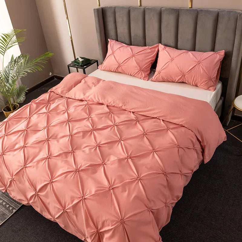3D Pinch Pleated Duvet Cover Set Solid Durable Bedding - Brass Living