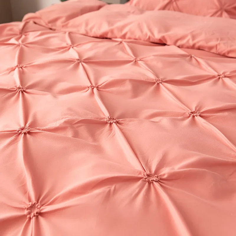 3D Pinch Pleated Duvet Cover Set Solid Durable Bedding - Brass Living