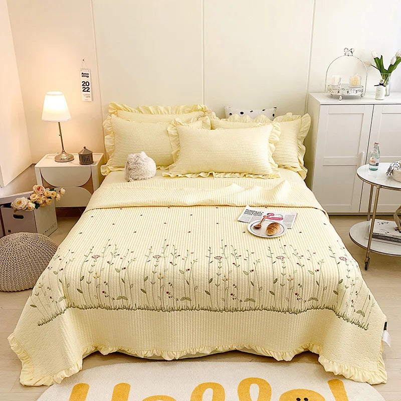 Fresh Flower Embroidered Summer Blanket Ruffled Quilted Comforter - Brass Living
