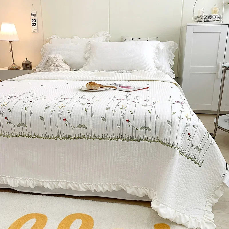 Fresh Flower Embroidered Summer Blanket Ruffled Quilted Comforter - Brass Living