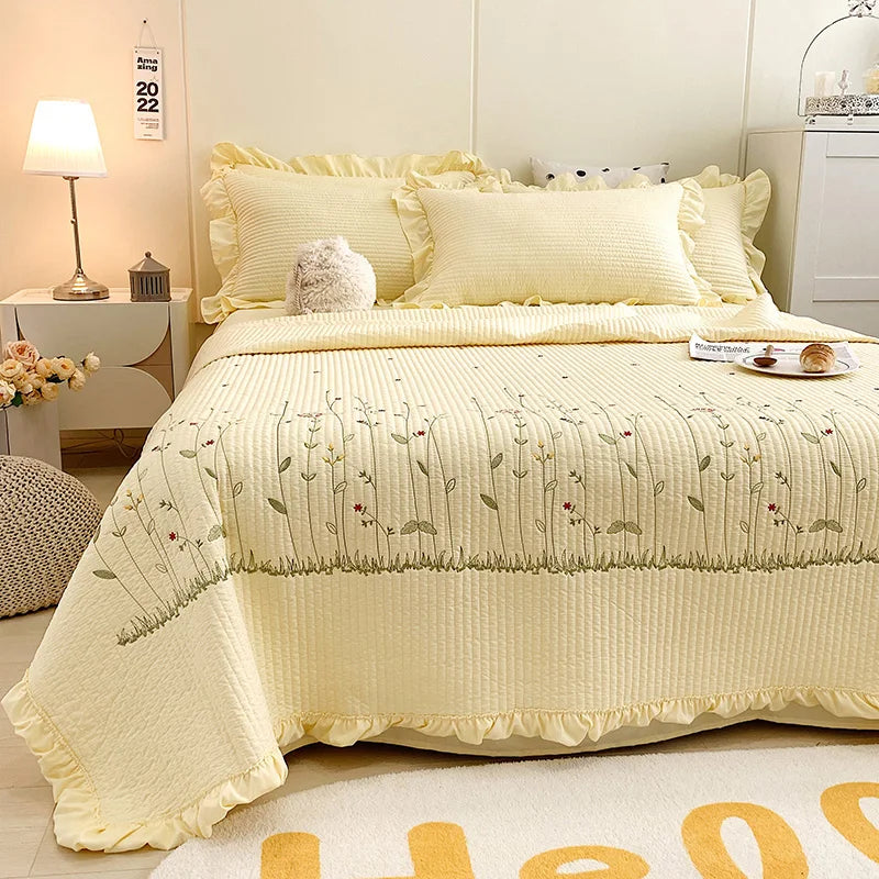 Fresh Flower Embroidered Summer Blanket Ruffled Quilted Comforter - Brass Living