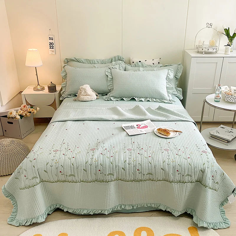 Fresh Flower Embroidered Summer Blanket Ruffled Quilted Comforter - Brass Living