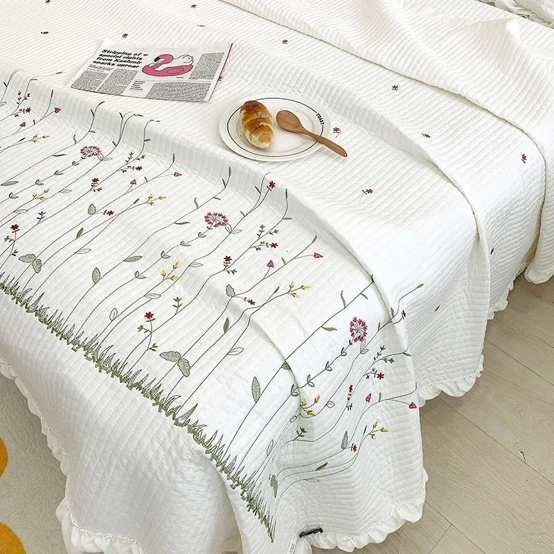 Fresh Flower Embroidered Summer Blanket Ruffled Quilted Comforter - Brass Living
