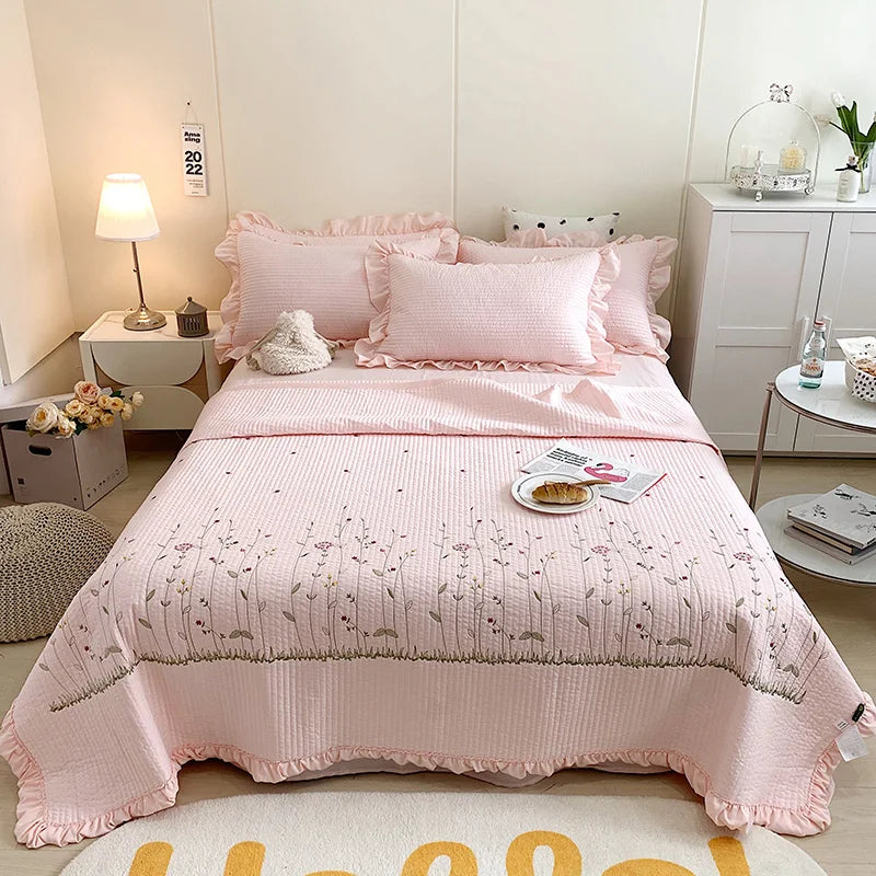 Fresh Flower Embroidered Summer Blanket Ruffled Quilted Comforter - Brass Living
