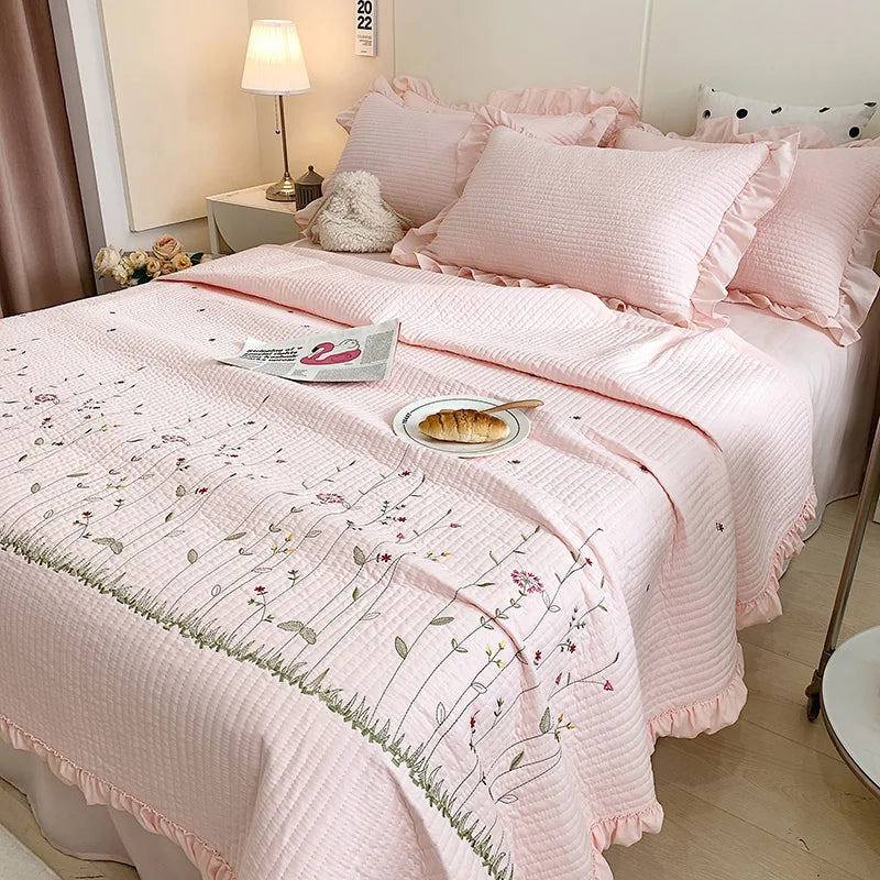 Fresh Flower Embroidered Summer Blanket Ruffled Quilted Comforter - Brass Living
