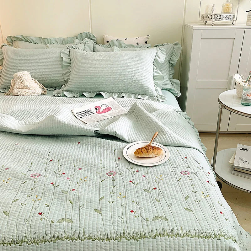 Fresh Flower Embroidered Summer Blanket Ruffled Quilted Comforter - Brass Living