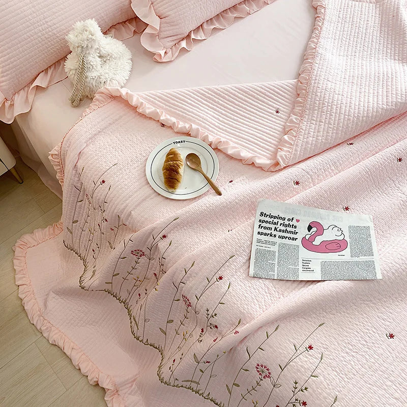 Fresh Flower Embroidered Summer Blanket Ruffled Quilted Comforter - Brass Living