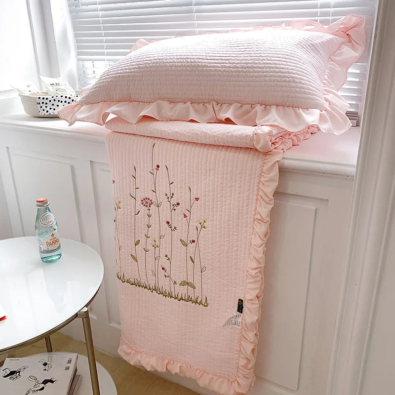 Fresh Flower Embroidered Summer Blanket Ruffled Quilted Comforter - Brass Living
