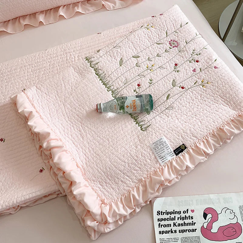 Fresh Flower Embroidered Summer Blanket Ruffled Quilted Comforter - Brass Living