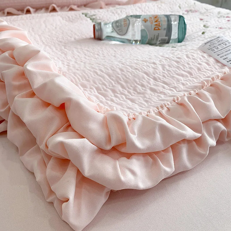 Fresh Flower Embroidered Summer Blanket Ruffled Quilted Comforter - Brass Living