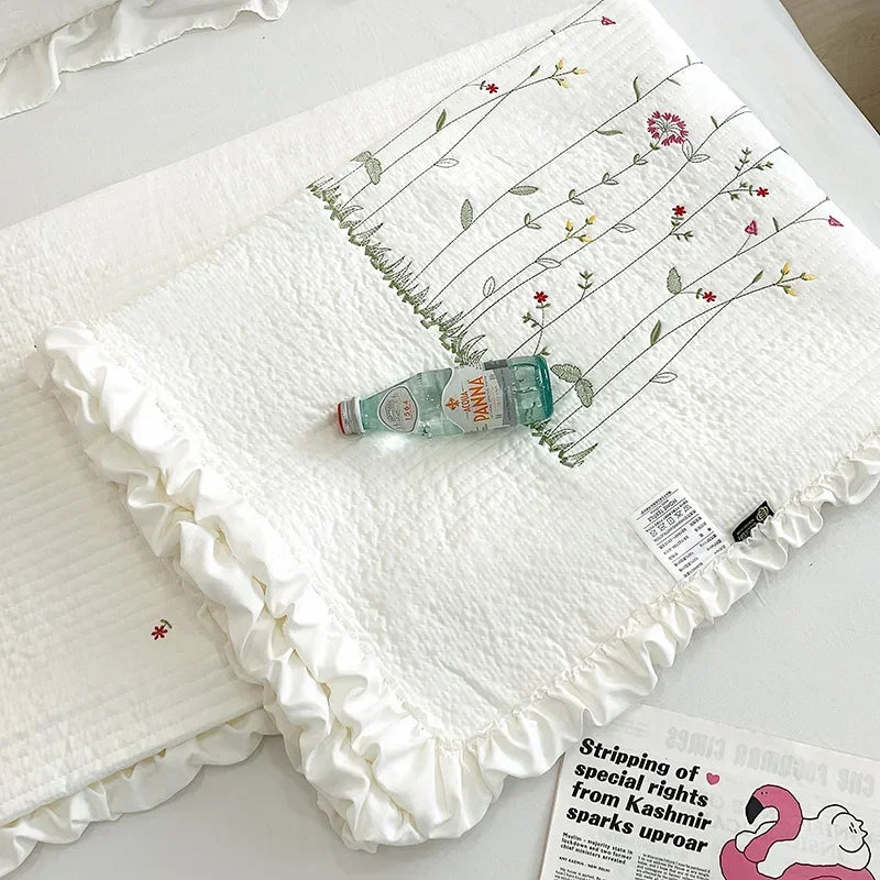 Fresh Flower Embroidered Summer Blanket Ruffled Quilted Comforter - Brass Living