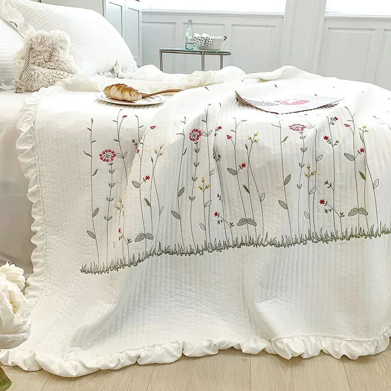 Fresh Flower Embroidered Summer Blanket Ruffled Quilted Comforter - Brass Living