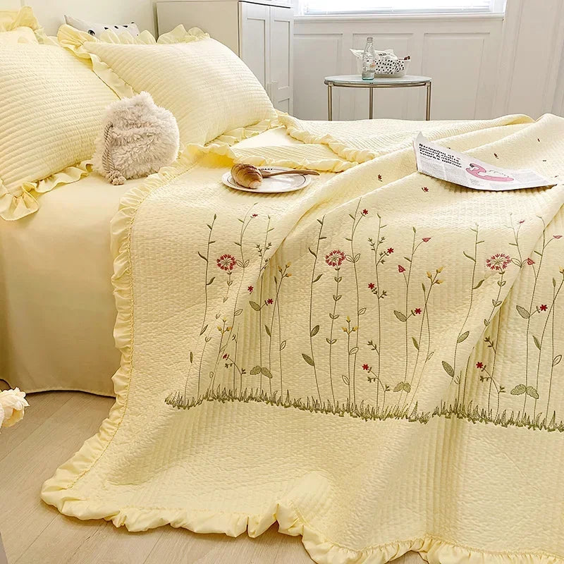 Fresh Flower Embroidered Summer Blanket Ruffled Quilted Comforter - Brass Living