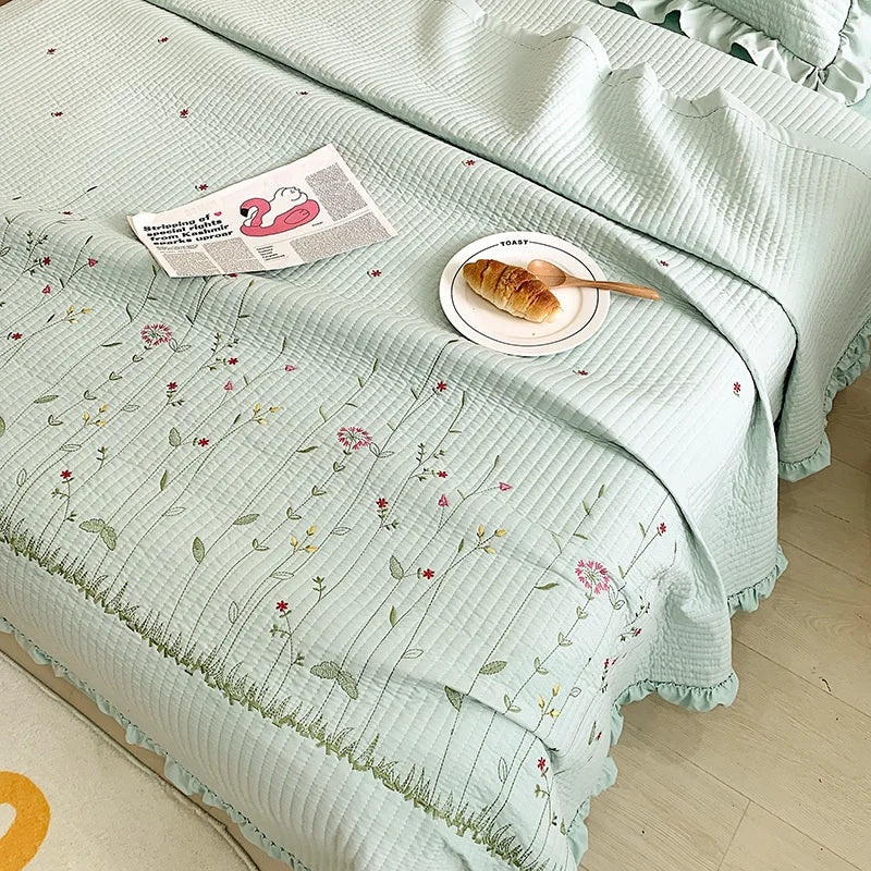 Fresh Flower Embroidered Summer Blanket Ruffled Quilted Comforter - Brass Living