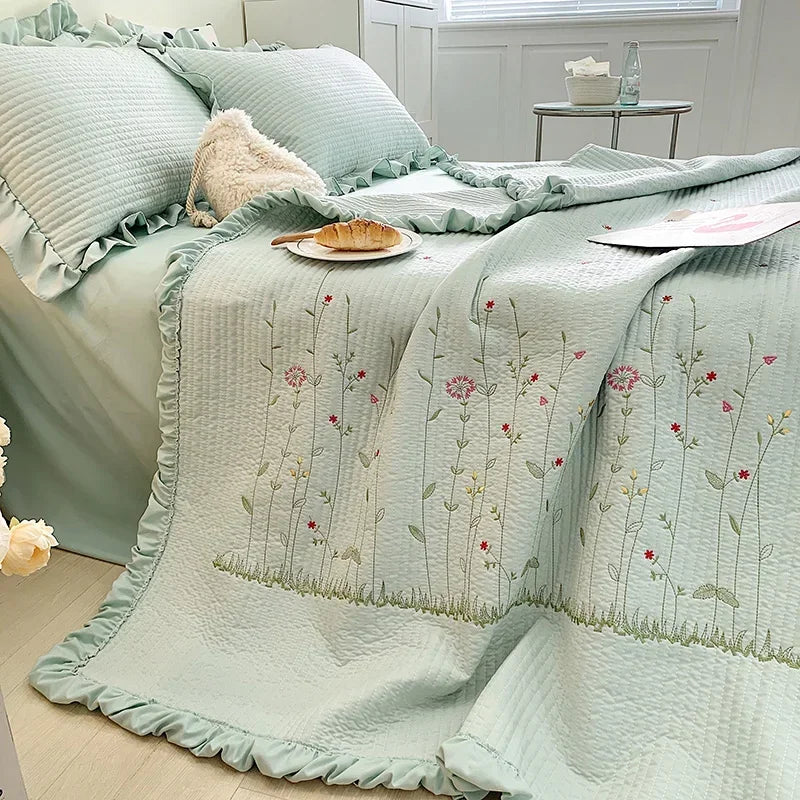 Fresh Flower Embroidered Summer Blanket Ruffled Quilted Comforter - Brass Living