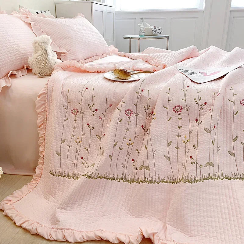 Fresh Flower Embroidered Summer Blanket Ruffled Quilted Comforter - Brass Living
