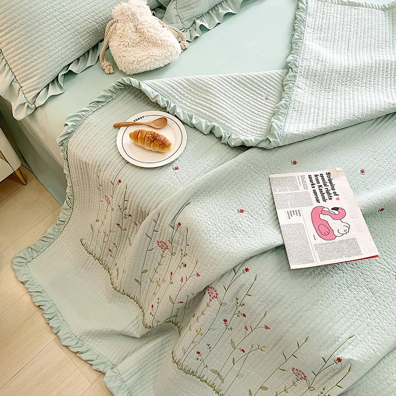Fresh Flower Embroidered Summer Blanket Ruffled Quilted Comforter - Brass Living