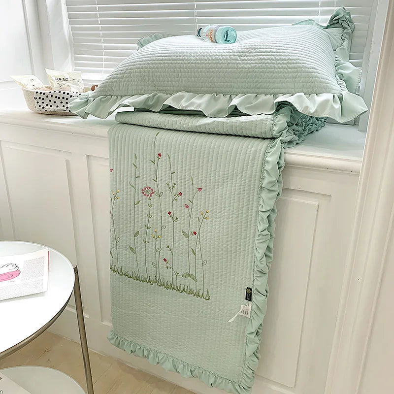Fresh Flower Embroidered Summer Blanket Ruffled Quilted Comforter - Brass Living