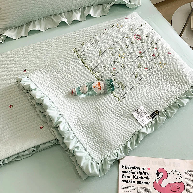 Fresh Flower Embroidered Summer Blanket Ruffled Quilted Comforter - Brass Living
