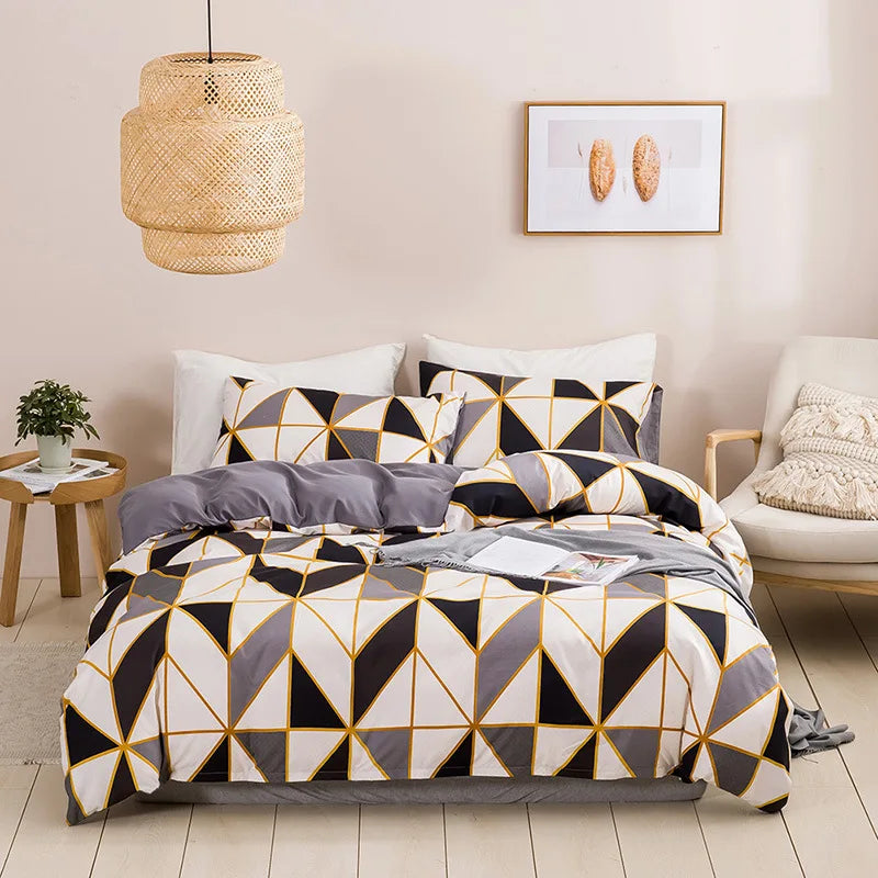 Geometric Print Queen Bedding Set Soft Comfortable Duvet Cover - Brass Living