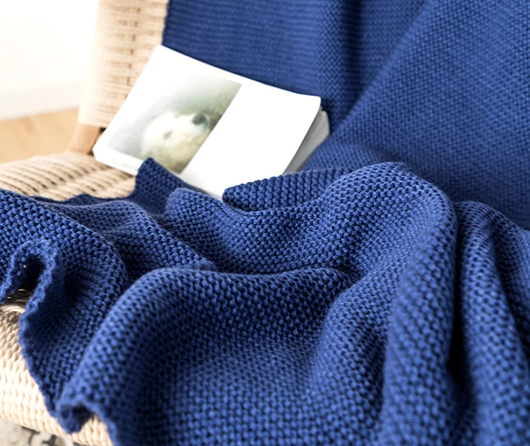 Royal Blue Solid Knit Throw with PomPom Tassels Blanket - Brass Living
