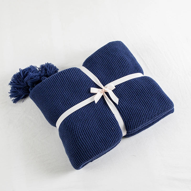 Royal Blue Solid Knit Throw with PomPom Tassels Blanket - Brass Living
