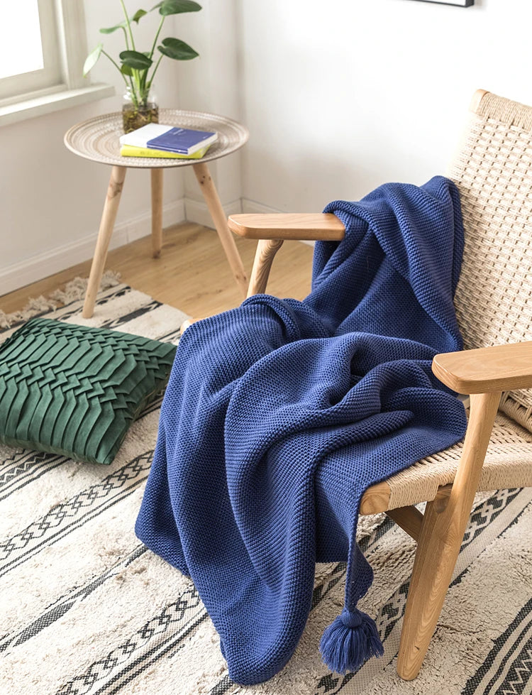 Royal Blue Solid Knit Throw with PomPom Tassels Blanket - Brass Living