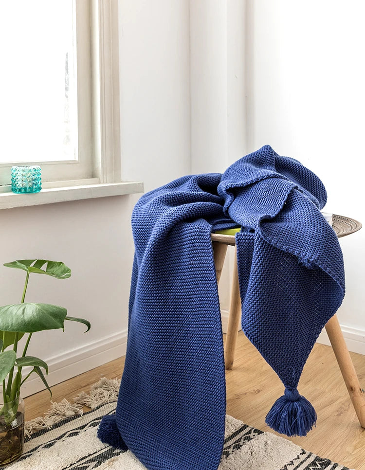 Royal Blue Solid Knit Throw with PomPom Tassels Blanket - Brass Living