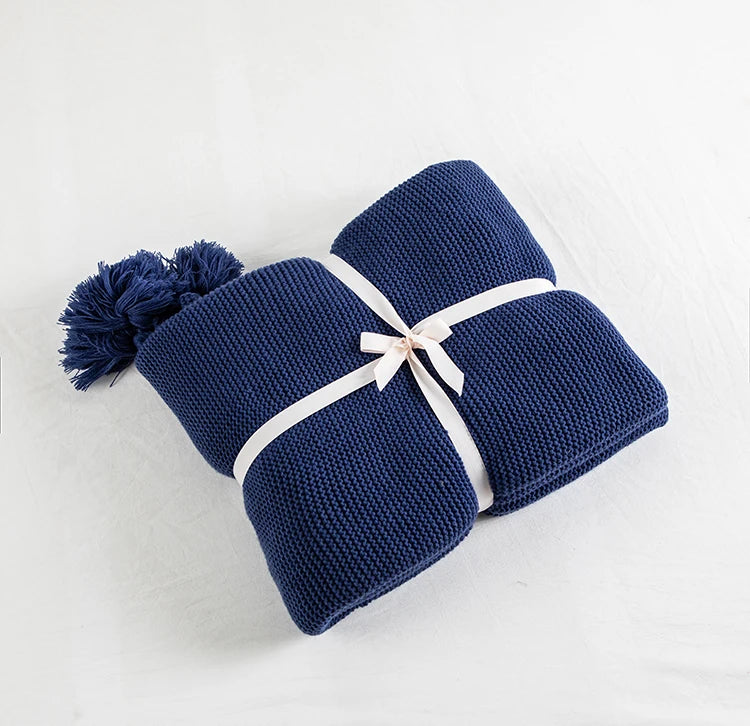 Royal Blue Solid Knit Throw with PomPom Tassels Blanket - Brass Living