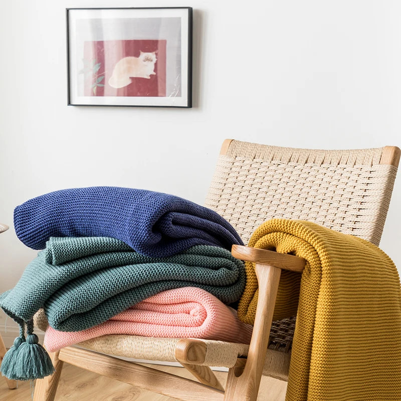 Royal Blue Solid Knit Throw with PomPom Tassels Blanket - Brass Living