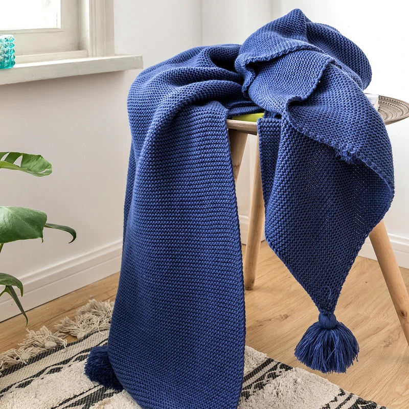 Royal Blue Solid Knit Throw with PomPom Tassels Blanket - Brass Living