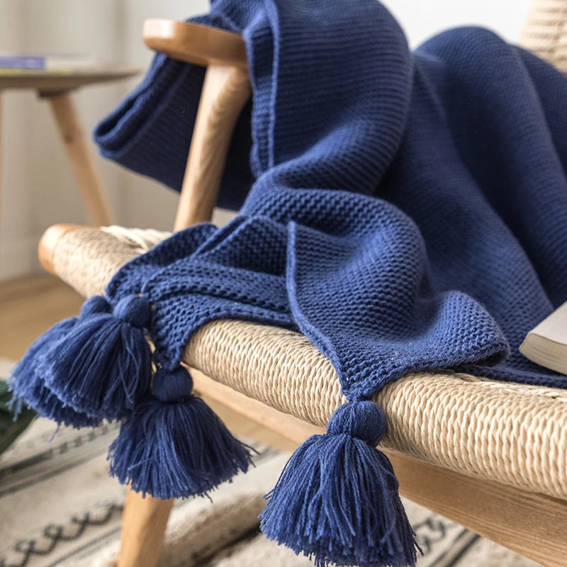 Royal Blue Solid Knit Throw with PomPom Tassels Blanket - Brass Living
