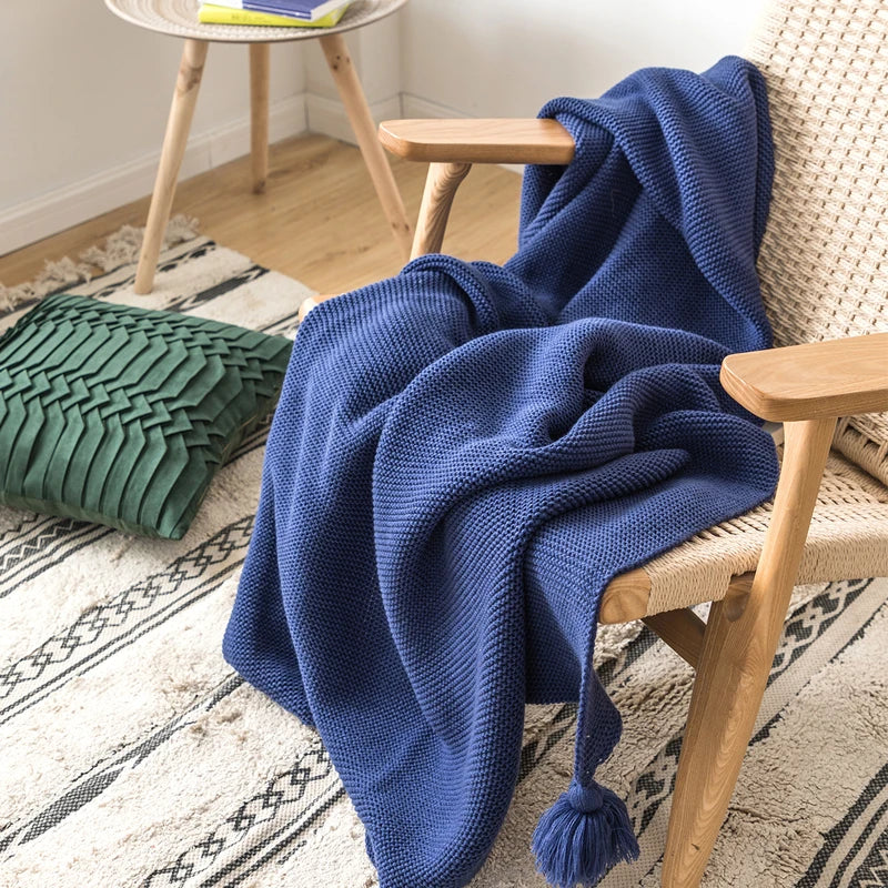 Royal Blue Solid Knit Throw with PomPom Tassels Blanket - Brass Living