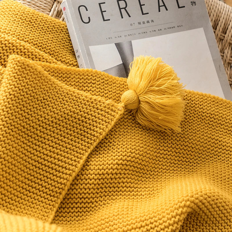 Solid Soft Yellow Knit Throw with PomPom Tassels Blanket - Brass Living