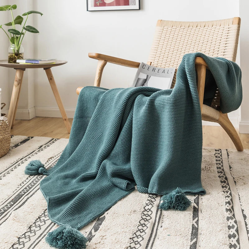 Solid Soft Yellow Knit Throw with PomPom Tassels Blanket - Brass Living