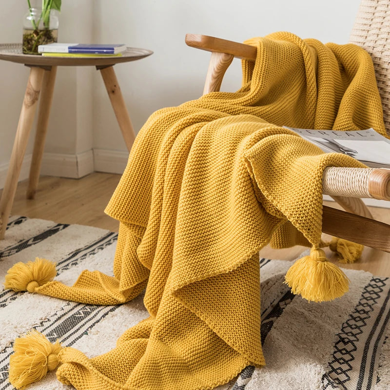Solid Soft Yellow Knit Throw with PomPom Tassels Blanket - Brass Living