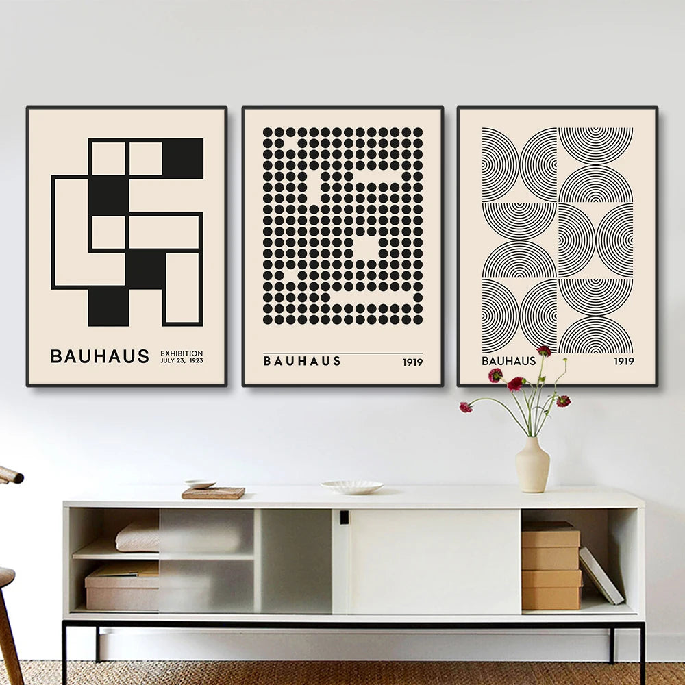 Abstract Bauhaus Geometric Vintage Black Beige Canvas Art - Brasss Living