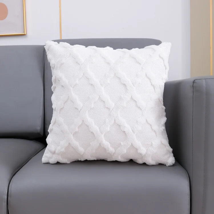 Beige Grey White Fluffy Embroidery Diamond Pillow Cushion Cover - Brasss Living