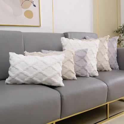 Beige Grey White Fluffy Embroidery Diamond Pillow Cushion Cover - Brasss Living