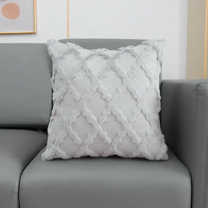 Beige Grey White Fluffy Embroidery Diamond Pillow Cushion Cover - Brasss Living