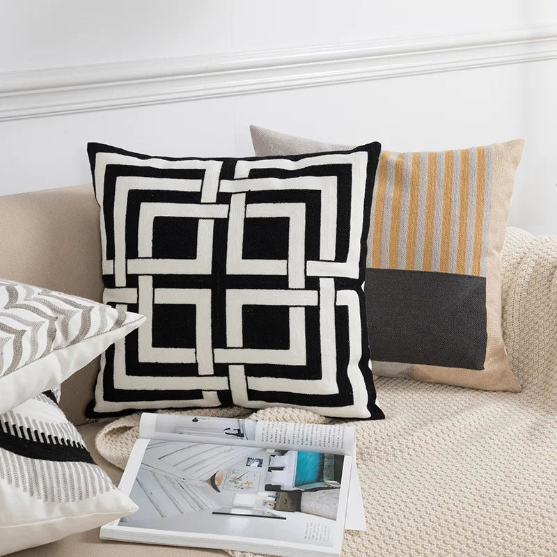 Black Grey Geometric Embroidery Pillow Cushion Cover - Brasss Living